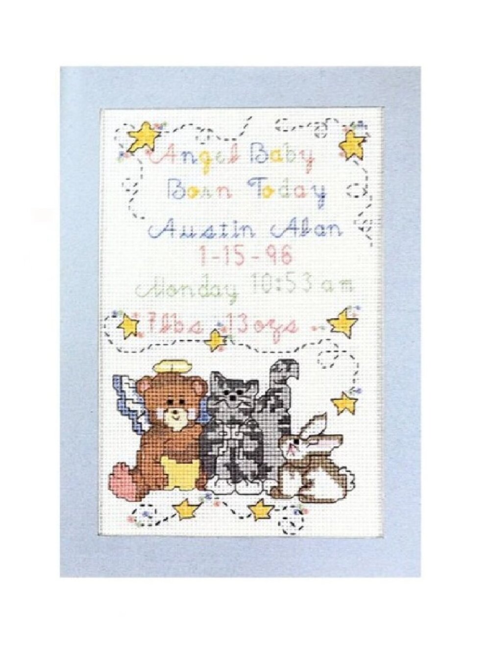 Candamar Designs Baby Birth Announcement Counted Cross Stitch Kit Blue with Mat